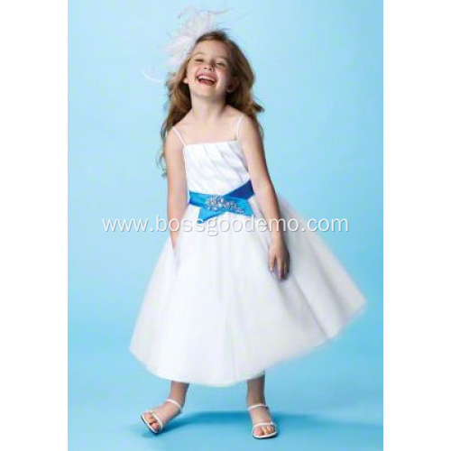 Ball Gown Spaghetti Straps Tea-length Satin Tulle Flower Girl Dress